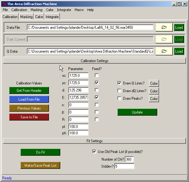 A screenshot of the calibration tab of the Area Diffraction
Machine.