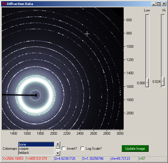 A typical diffraction pattern. This image is being viewed with
the Area Diffraction
Machine.