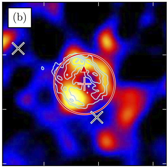 The supernova remnant RX J1713.7-3946 observed by Fermi. The blue contours are the SNR as observed by H.E.S.S.