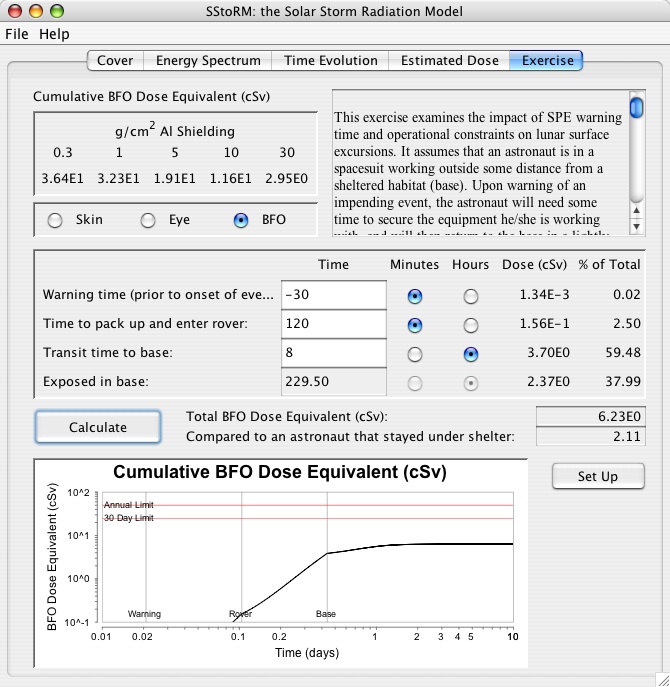 A screenshot of the lunar exercise tab of SStoRM.